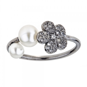Sterling Silver Black Gold Glaze White Topaz Two Pearl Flower Ring
