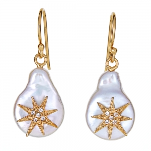 Sterling Silver 18kt Yellow Gold Glaze White Topaz Pearl Star Earrings