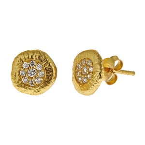 Sterling Silver 18kt Yellow Gold Glaze Circle Diamond-Quartz Stud Earrings